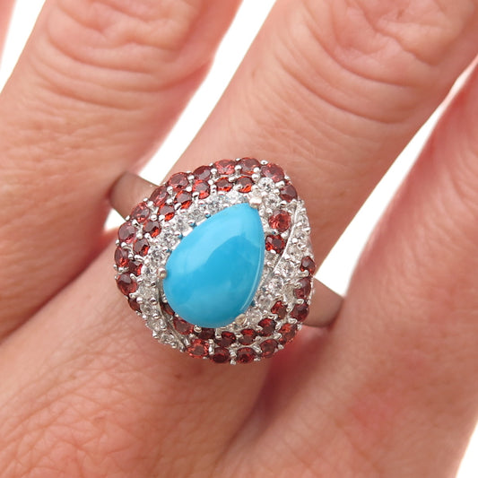Chuck Clemency 925 Sterling Real Turquoise Red Garnet & White Topaz Ring Size 10