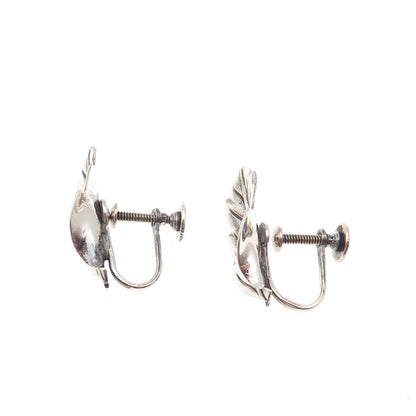 Beau Sterling Silver Antique Art Deco Floral Leaf Oxidized Screw Back Earrings
