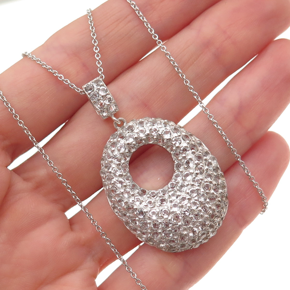 925 Sterling Silver Vintage Real White Topaz Crescent Cable Chain Necklace 18"