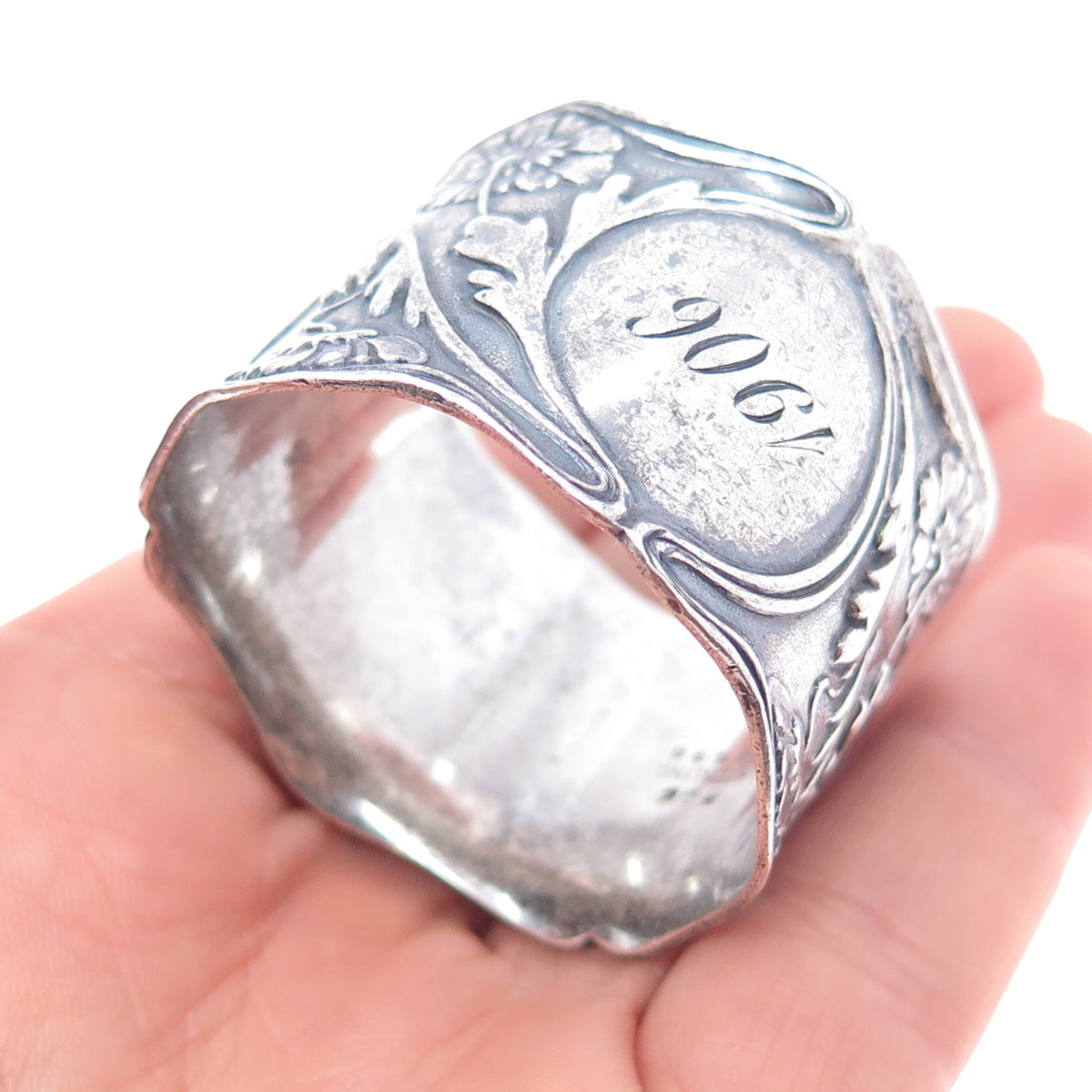 GORHAM Sterling Silver Antique 1906 Engraved Flower Oxidized Napkin Ring Holder