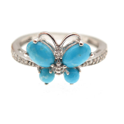 Chuck Clemency 925 Sterling Real Turquoise White Topaz Butterfly Ring Size 8.25