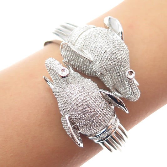 925 Sterling Silver Real Round-Cut Diamond Elephant Heavy 55.7g Bracelet 6.5"