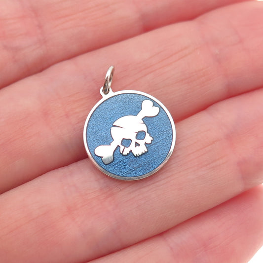 925 Sterling Silver Blue Enamel Skull & Bone Round Tag Mini Charm Pendant