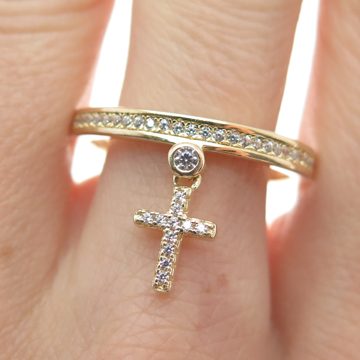 MILOR 925 Sterling Silver Gold Plated Italy C Z Cross Dangle Charm Ring Size 10