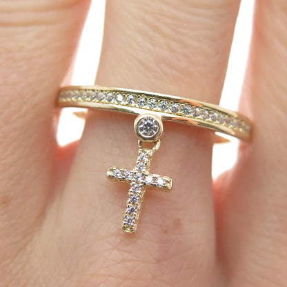 MILOR 925 Sterling Silver Gold Plated Italy C Z Cross Dangle Charm Ring Size 10