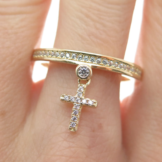 MILOR 925 Sterling Silver Gold Plated Italy C Z Cross Dangle Charm Ring Size 10