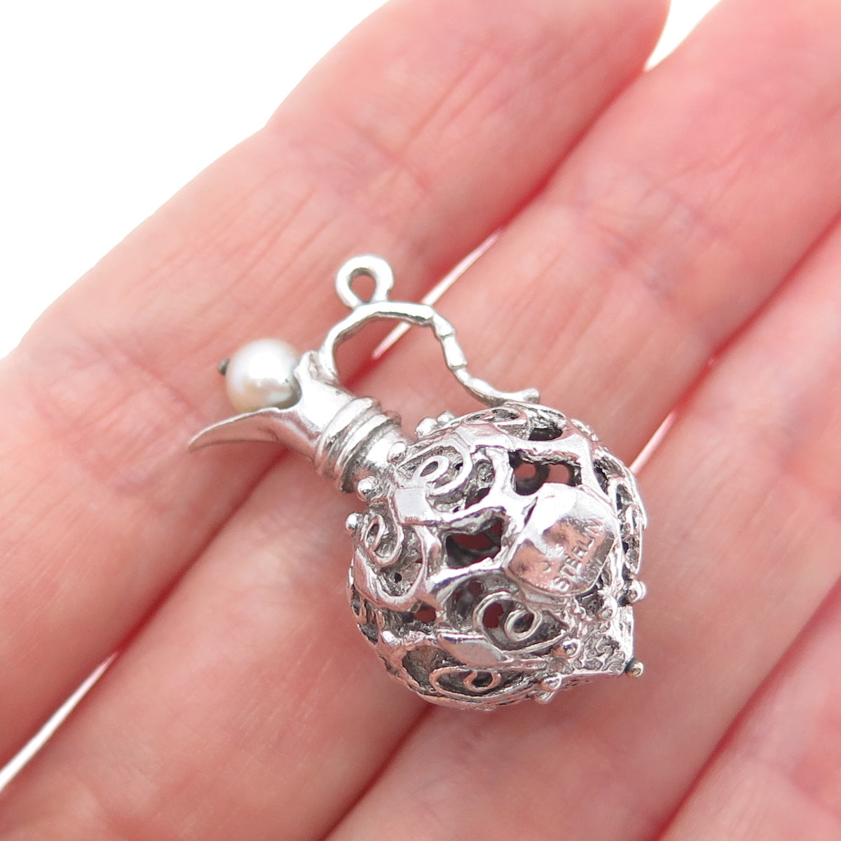 925 Sterling Silver Antique Art Deco Real Pearl Pitcher 3D Charm Pendant