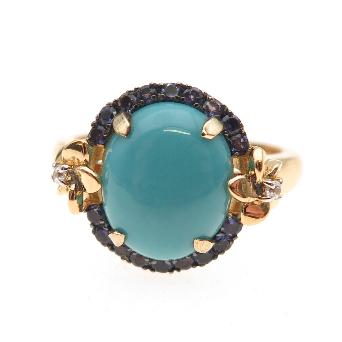 925 Sterling Silver Gold Plated Real Turquoise Iolite Topaz Floral Ring Size 8.5
