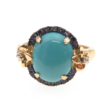 925 Sterling Silver Gold Plated Real Turquoise Iolite Topaz Floral Ring Size 8.5