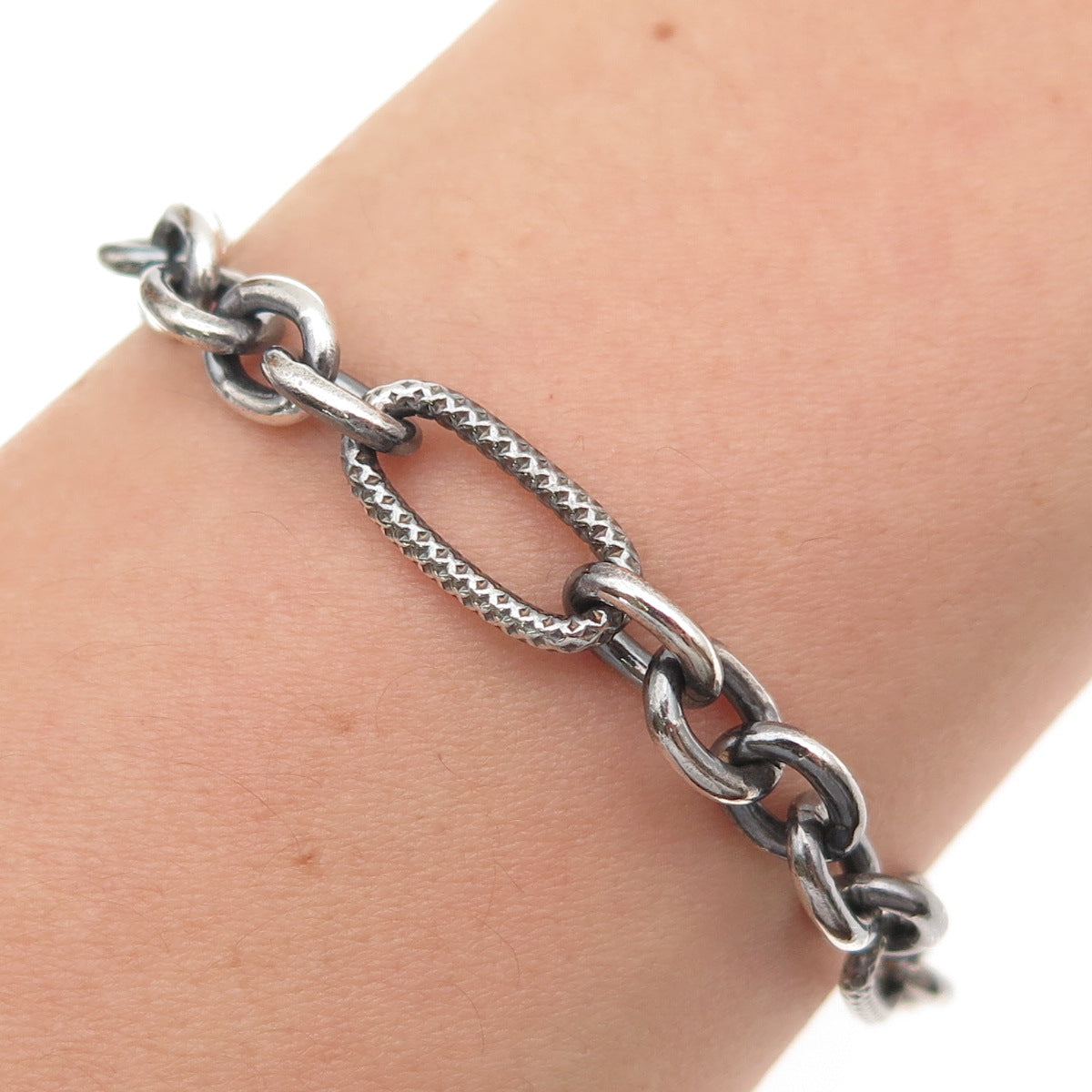 925 Sterling Silver Vintage Paperclip Oval Figaro Link Bracelet 7"