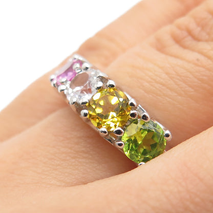 925 Sterling Silver Real Round-Cut Multi-Color Topaz Ring Size 6.25