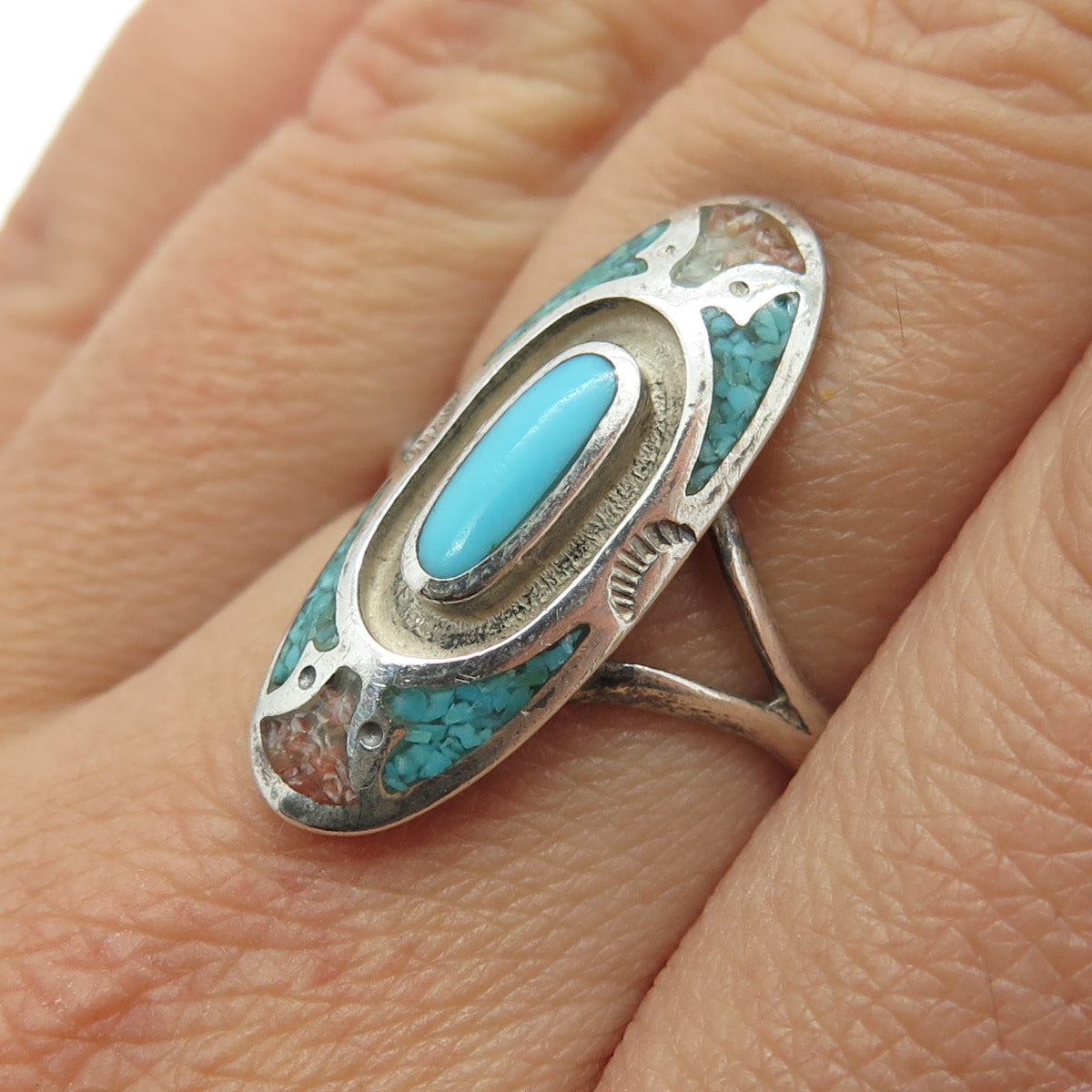 Old Pawn Sterling Silver Southwestern Turquoise Coral Inlay Ring Size 7.75