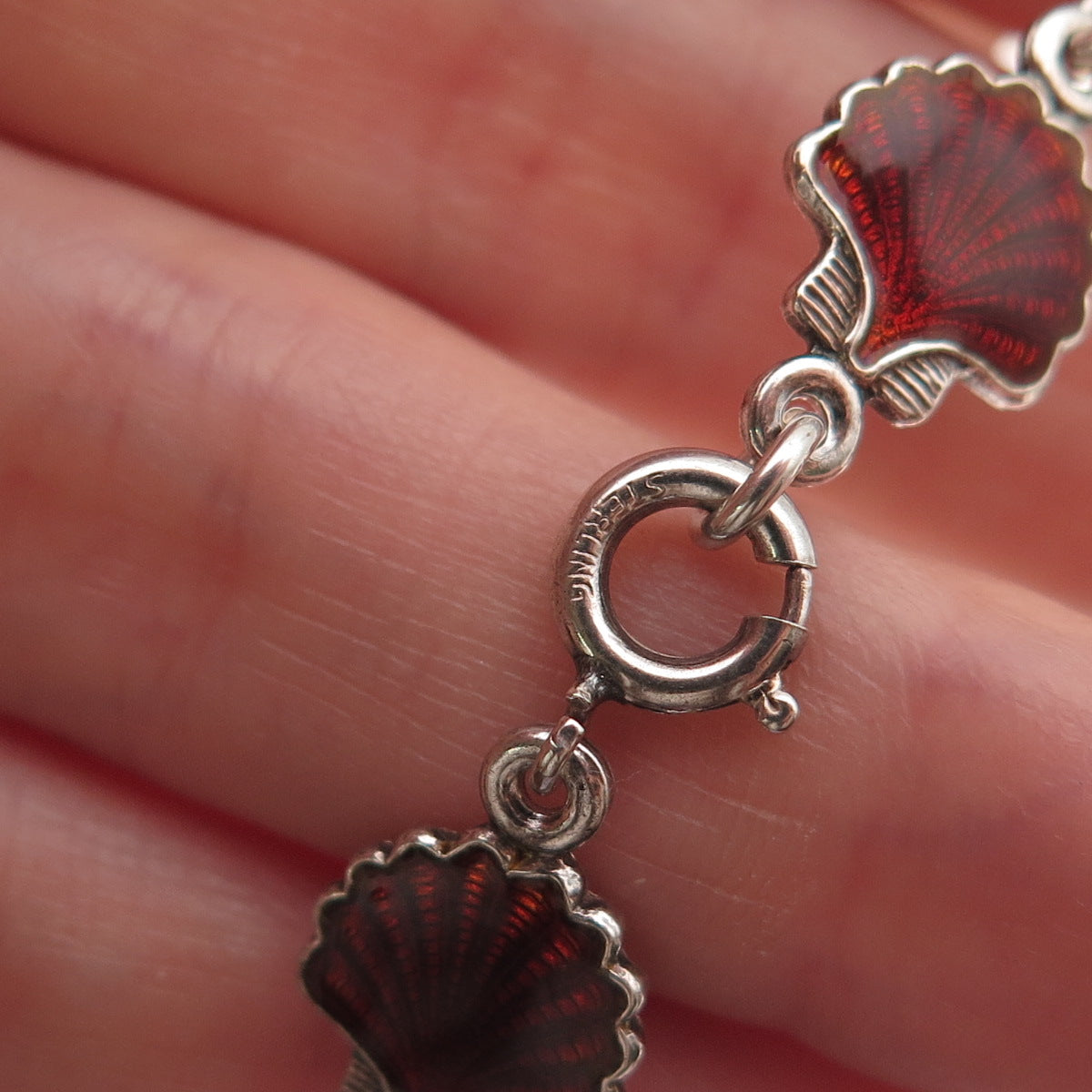 Volmer Bahner 925 Sterling Silver Vintage Denmark Enamel Seashell Bracelet 6.5"