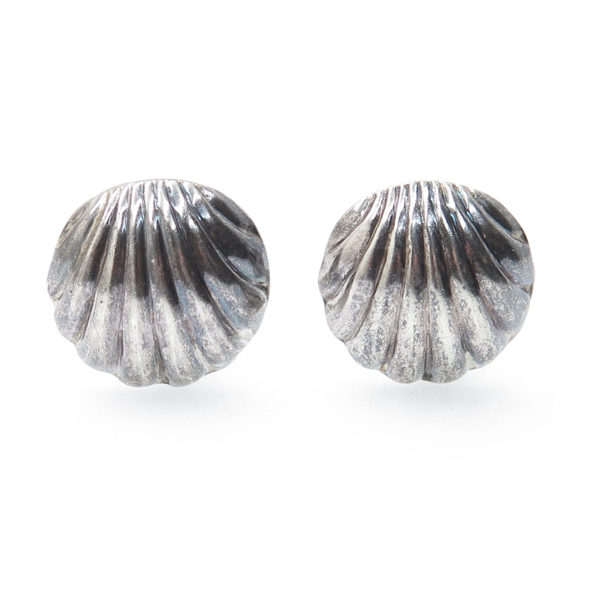 925 Sterling Silver Vintage Modernist Seashell Oxidized Clip On Earrings