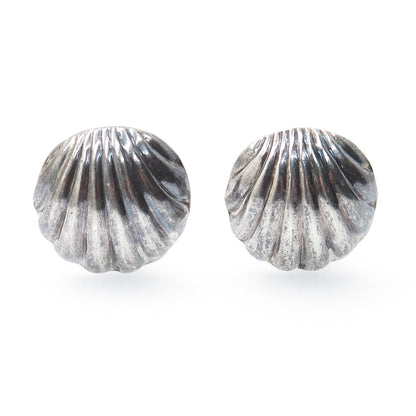 925 Sterling Silver Vintage Modernist Seashell Oxidized Clip On Earrings