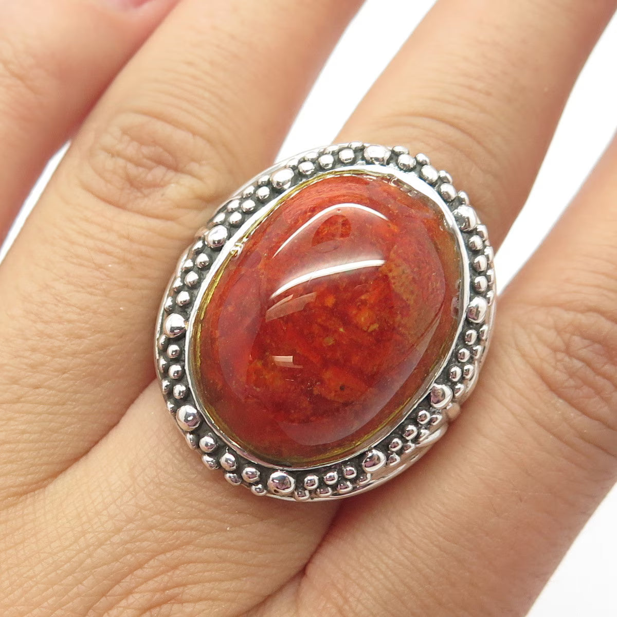 925 Sterling Silver Vintage Real Spiny Oyster Shell Granulated Dome Ring Size 7