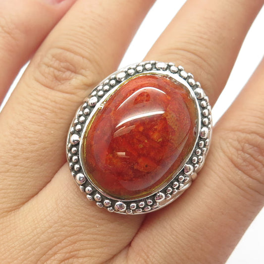 925 Sterling Silver Vintage Real Spiny Oyster Shell Granulated Dome Ring Size 7