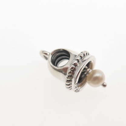 Pandora 925 Sterling Silver Real Pearl Wedding Bell Slide Bead Charm Pendant