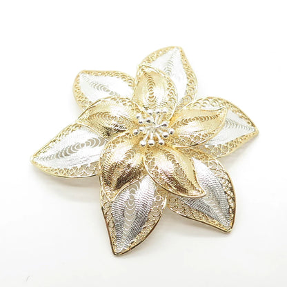 925 Sterling Silver 2-Tone Vintage Filigree Floral Pin Brooch