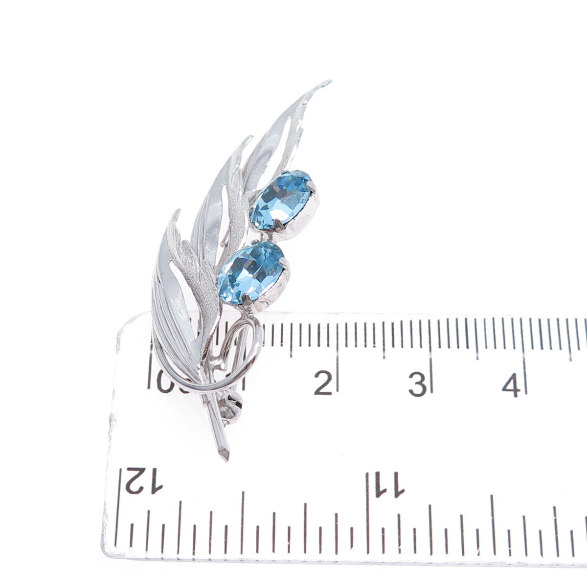 TRU-KAY Sterling Silver Antique Art Deco Blue Rhinestone Floral Leaf Pin Brooch