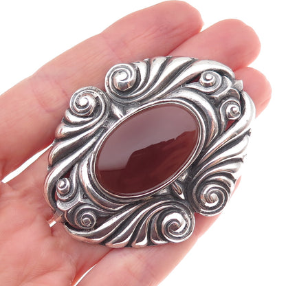925 Sterling Silver Vintage Real Carnelian Modernist Oxidized Pin Brooch