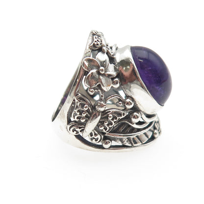 925 Sterling Silver Vintage Real Amethyst Butterfly & Flower Ring Size 5.75