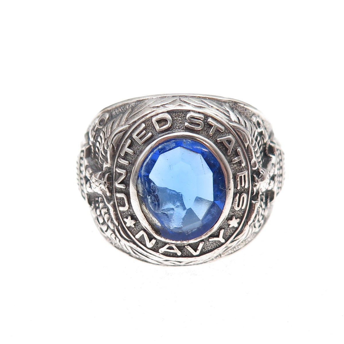 Uncas 925 Sterling Silver Vintage Blue C Z US Navy Ring Size 12