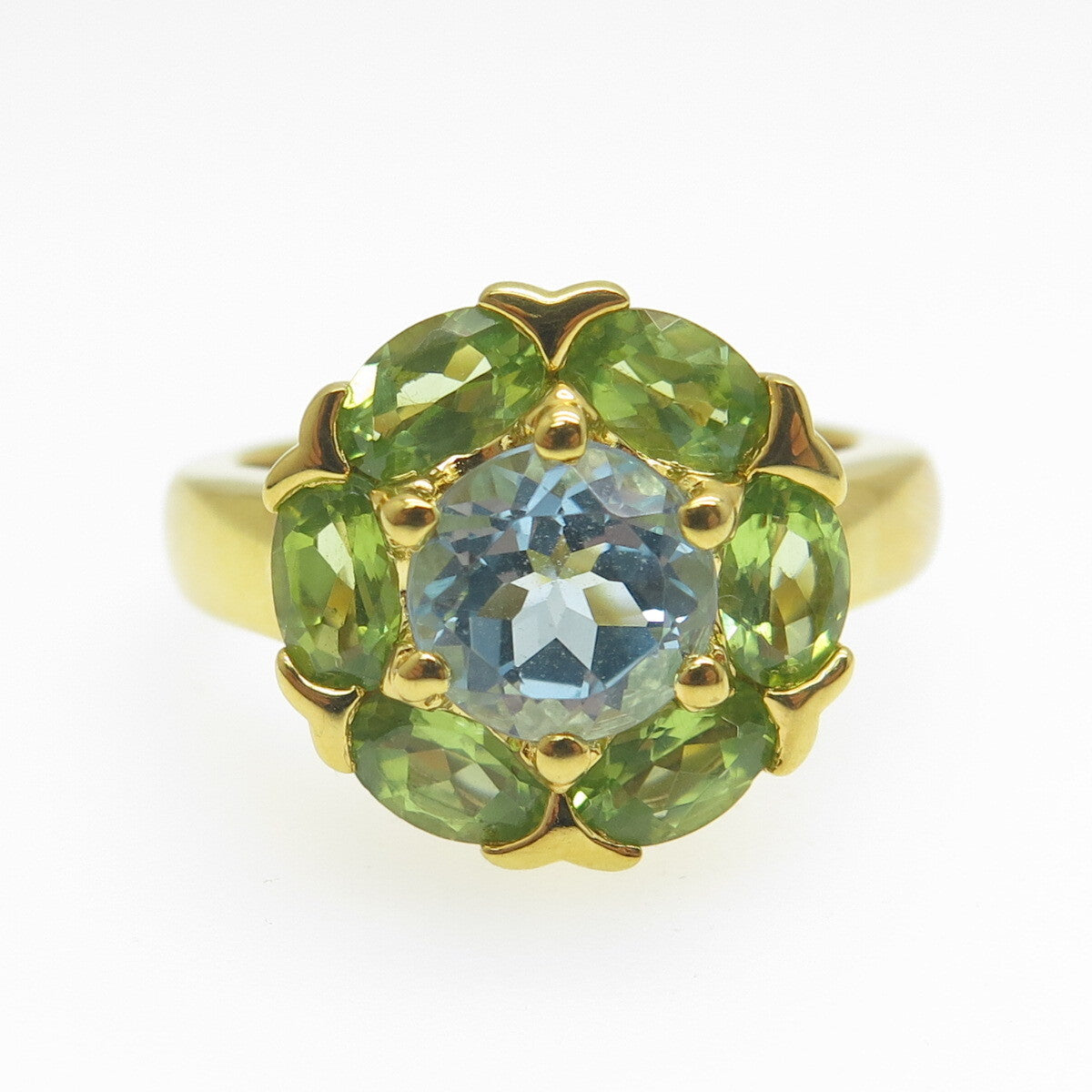 925 Sterling Silver Gold Plated Real Peridot & Blue Topaz Ring Size 10.25