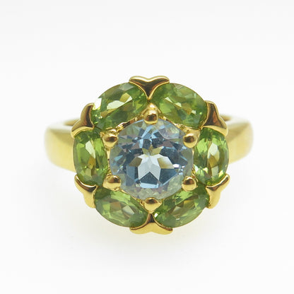 925 Sterling Silver Gold Plated Real Peridot & Blue Topaz Ring Size 10.25
