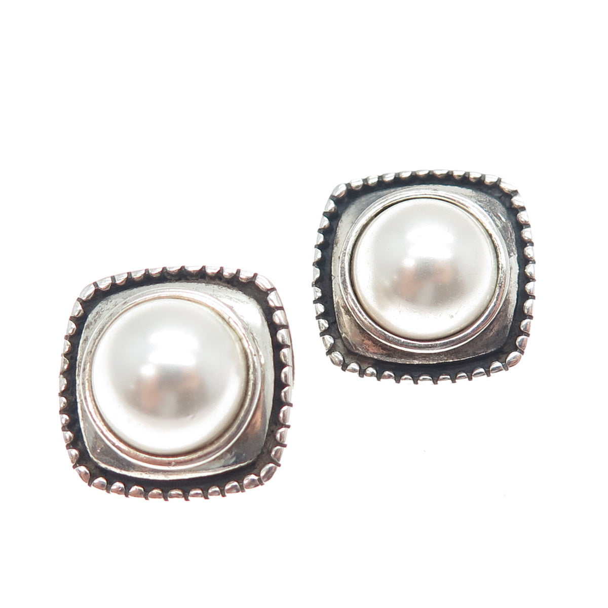 925 Sterling Silver Vintage Faux Pearl Modernist Oxidized Clip On Earrings