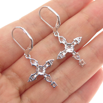 925 Sterling Silver Princess Pear & Round-Cut C Z Cross Dangle Earrings