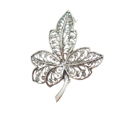 800 Silver Vintage Modernist Floral Leaf Filigree Oxidized Pin Brooch