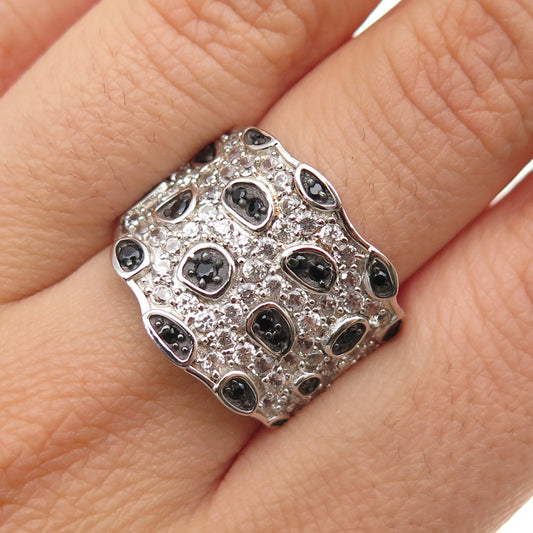 925 Sterling Silver Real Round-Cut Black Spinel & White Topaz Ring Size 7.25