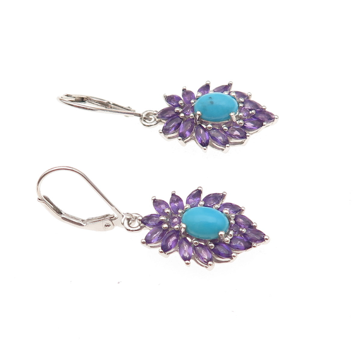 Chuck Clemency 925 Sterling Silver Real Turquoise & Amethyst Dangle Earrings