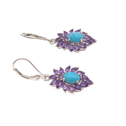 Chuck Clemency 925 Sterling Silver Real Turquoise & Amethyst Dangle Earrings