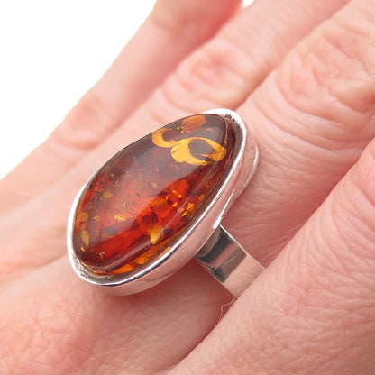 925 Sterling Silver Vintage Real Amber Modernist Oxidized Ring Size 9.5