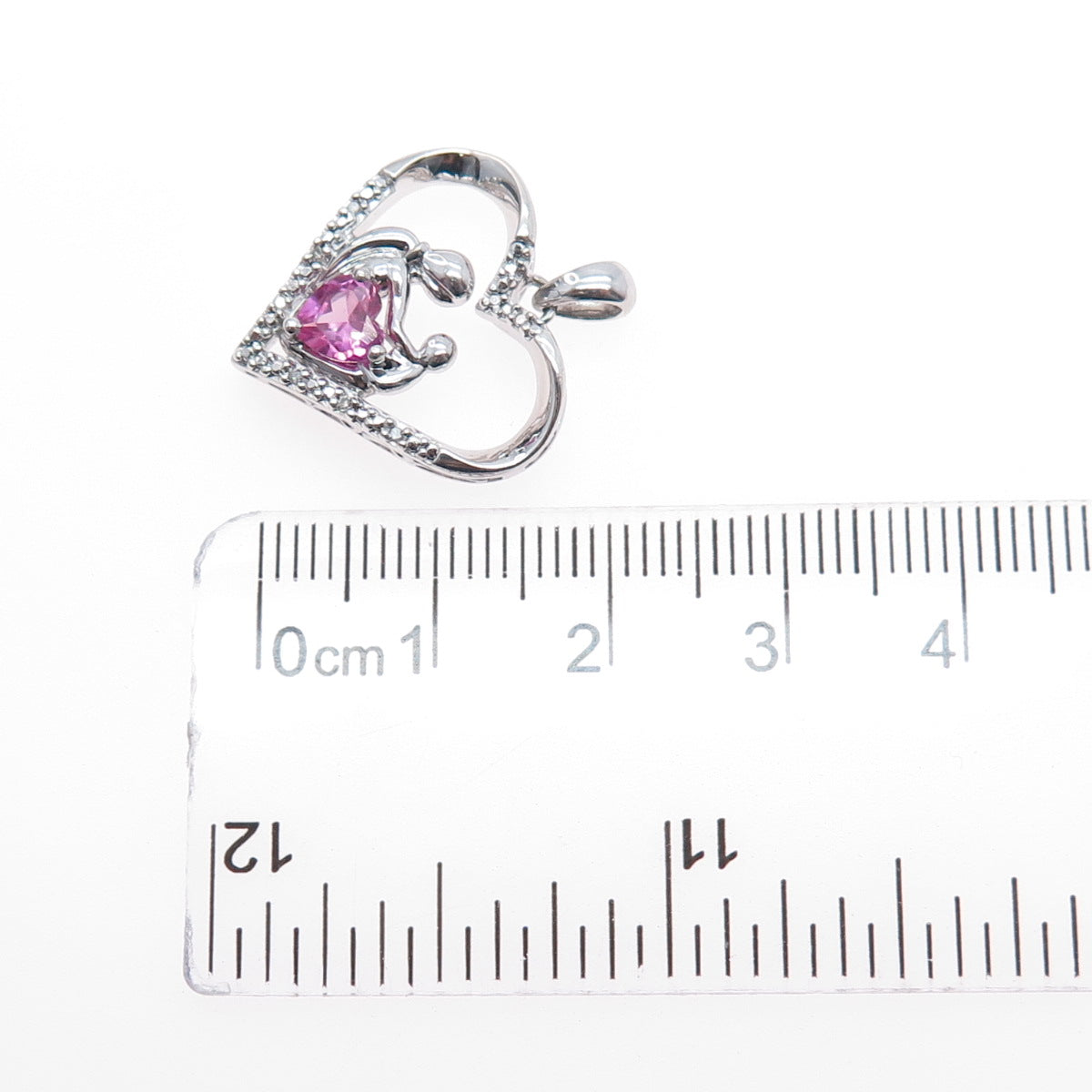 SUN Sterling Silver Real Diamond Pink Sapphire Mom & Child Heart Charm Pendant