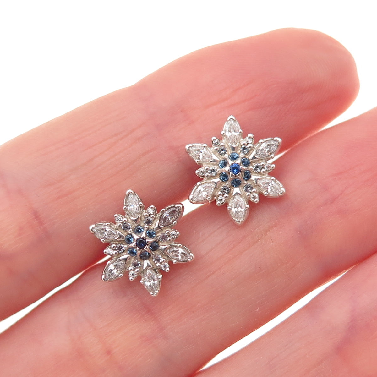 Pandora 925 Sterling Silver White & Blue C Z Sparkling Snowflake Stud Earrings