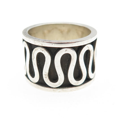 925 Sterling Silver Vintage Zig Zag Oxidized Wide Band Ring Size 8.25