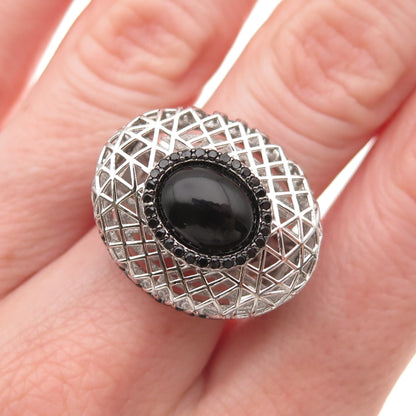 925 Sterling Silver Real Black Onyx & Spinel Dome Ring Size 7.25