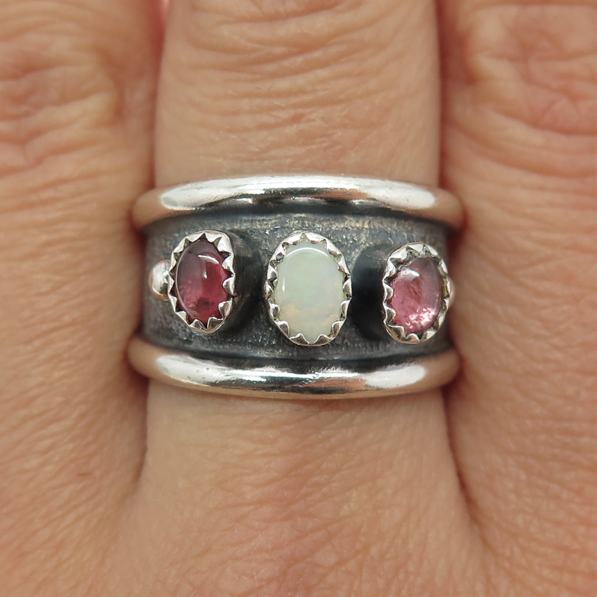 CHIMNEY BUTTE Old Pawn Sterling Silver Opal & Tourmaline Oxidized Ring Size 9.75