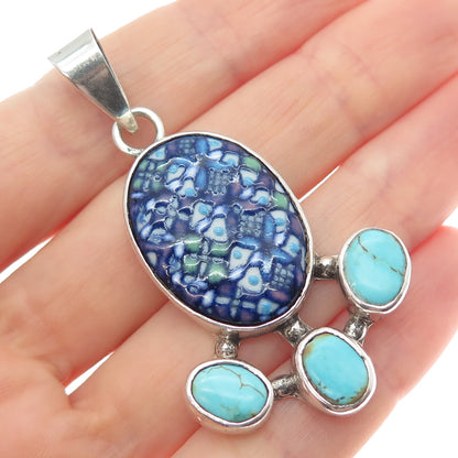 950 Silver Vintage Real Turquoise & Hand-Painted Ceramic Modernist Pendant