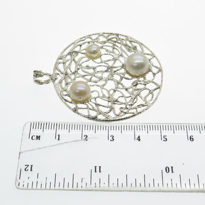 925 Sterling Silver Vintage Real Pearl Ornate Modernist Pendant