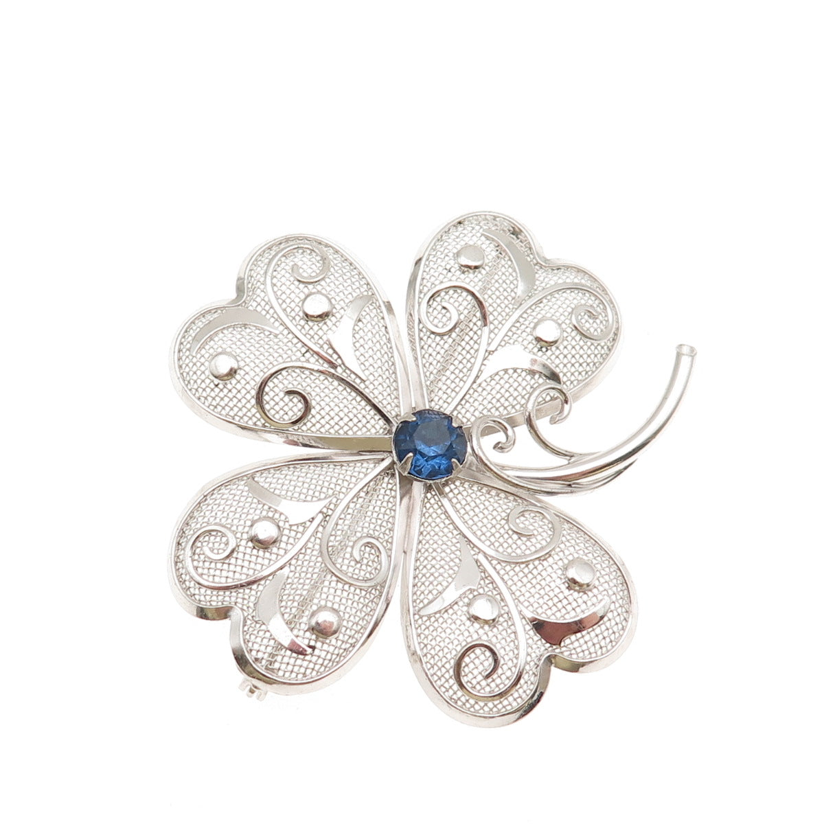 Bond Boyd 925 Sterling Silver Vintage Blue Rhinestone Clover Pin Brooch