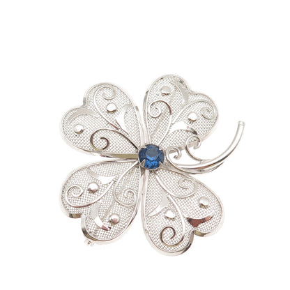 Bond Boyd 925 Sterling Silver Vintage Blue Rhinestone Clover Pin Brooch