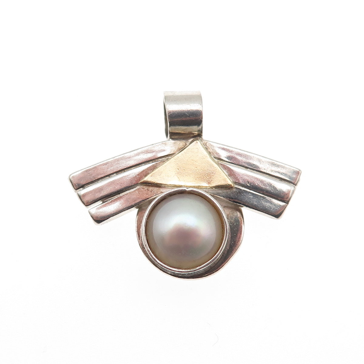 925 Sterling Silver 18K Gold Vintage Real Pearl Modernist Charm Pendant