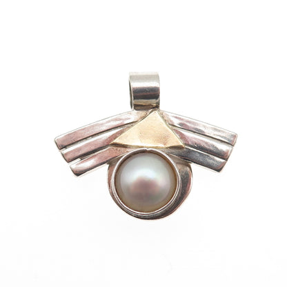 925 Sterling Silver 18K Gold Vintage Real Pearl Modernist Charm Pendant