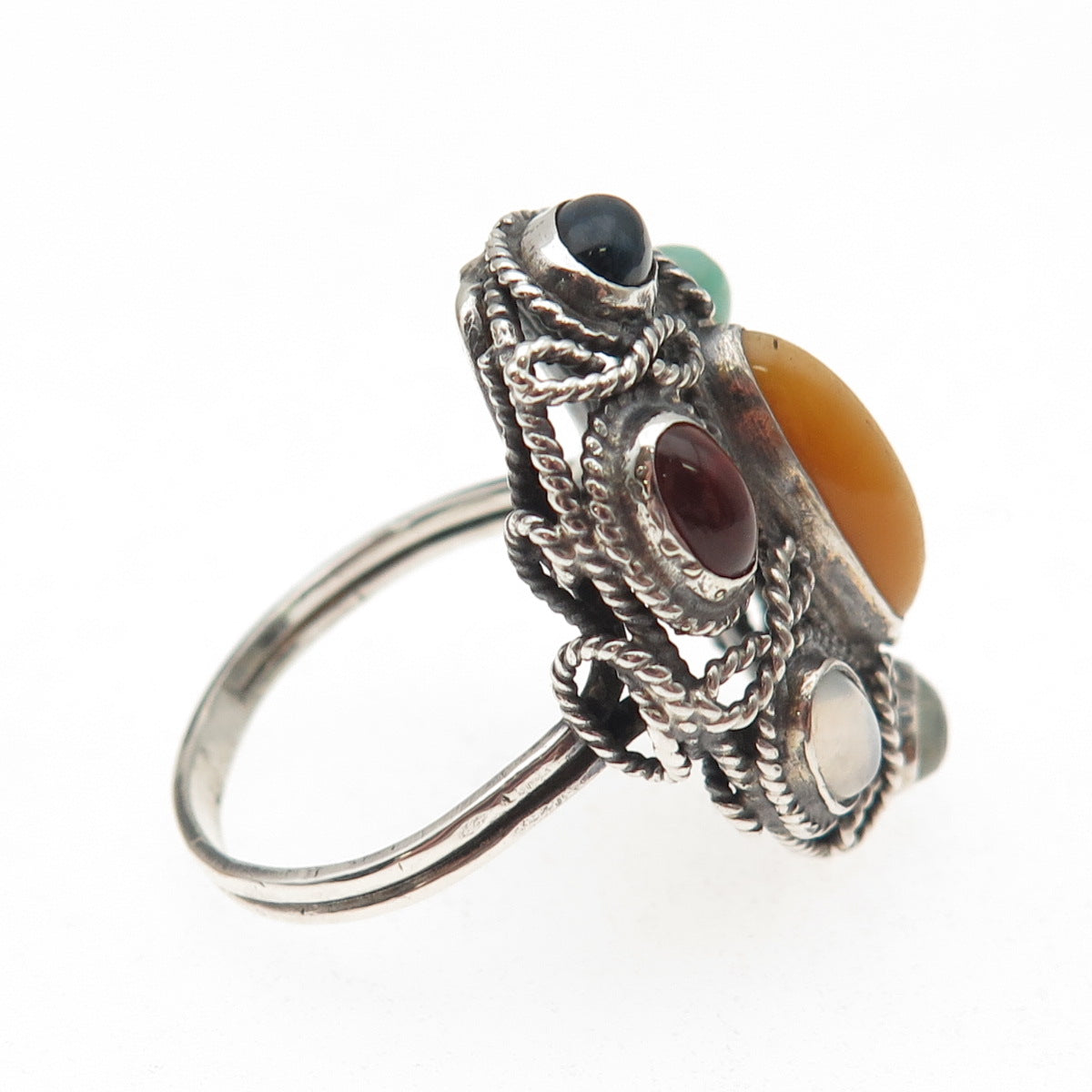 925 Sterling Vintage Tiger Eye Agate Garnet Moonstone & Amazonite Ring Size 9.25