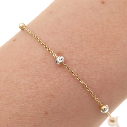 925 Sterling Silver 2-Tone Diamond-Cut Bead Station Cable Link Bracelet 7"