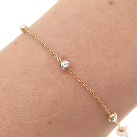 925 Sterling Silver 2-Tone Diamond-Cut Bead Station Cable Link Bracelet 7"